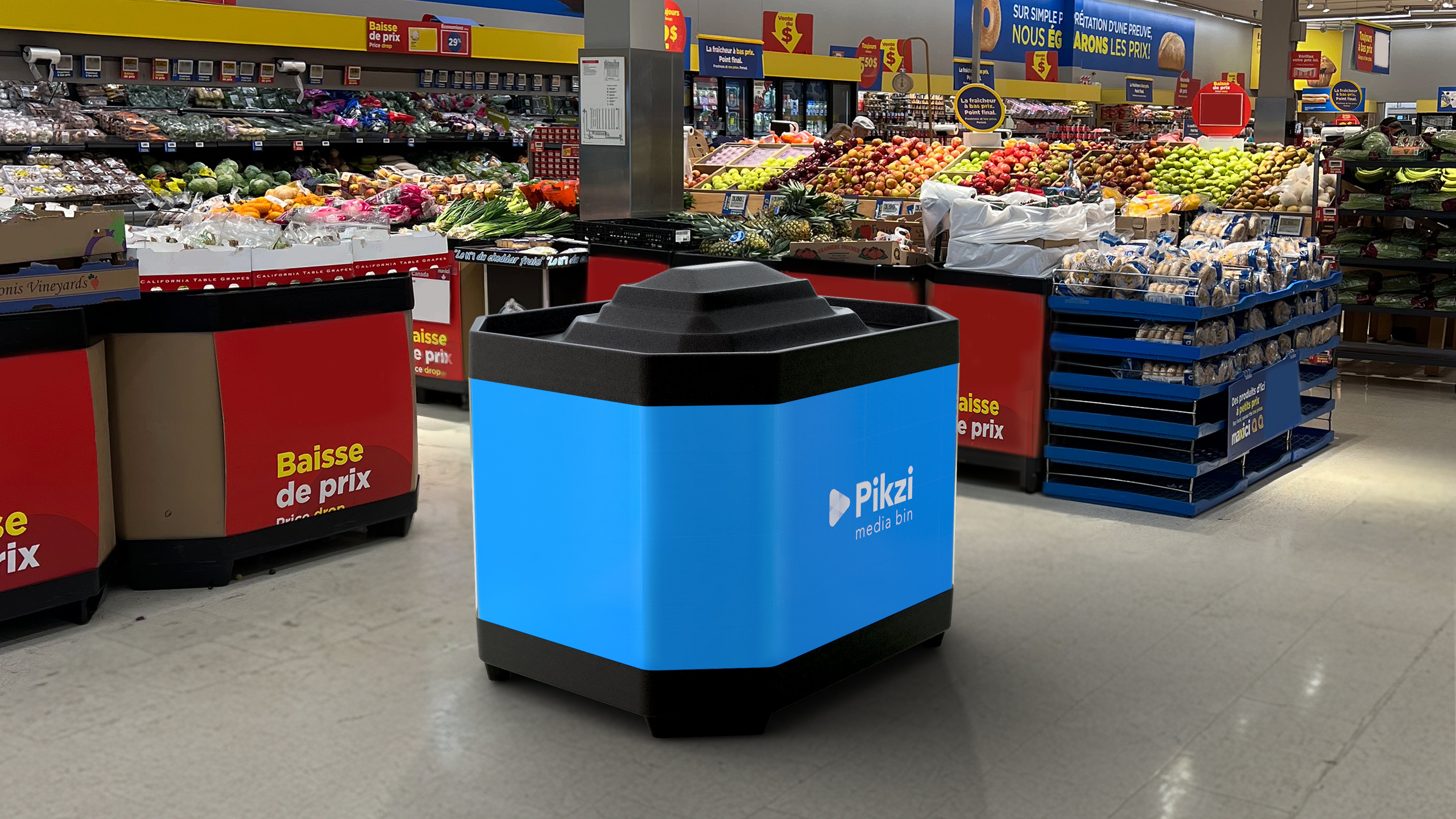 Blue and black robot in a grocery store aisle with 'Pikza' branding.